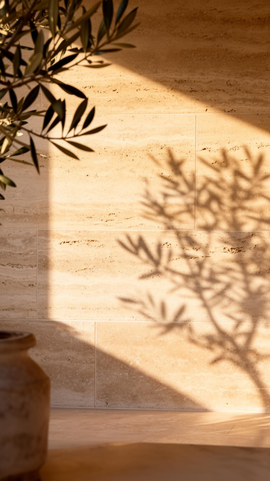 Sunlit travertine wall with olive branch shadows in an Italian villa setting