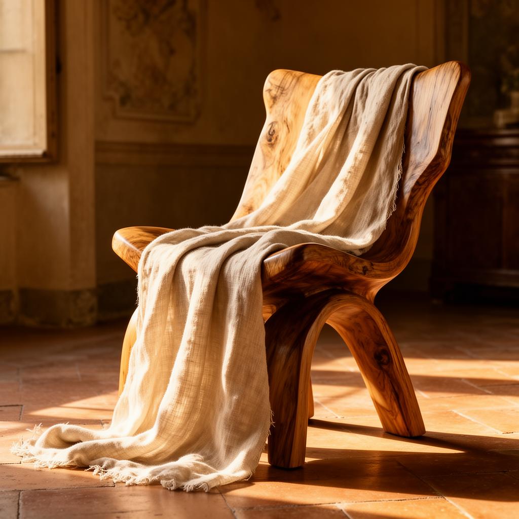 Linen draped across sculptural wooden seating