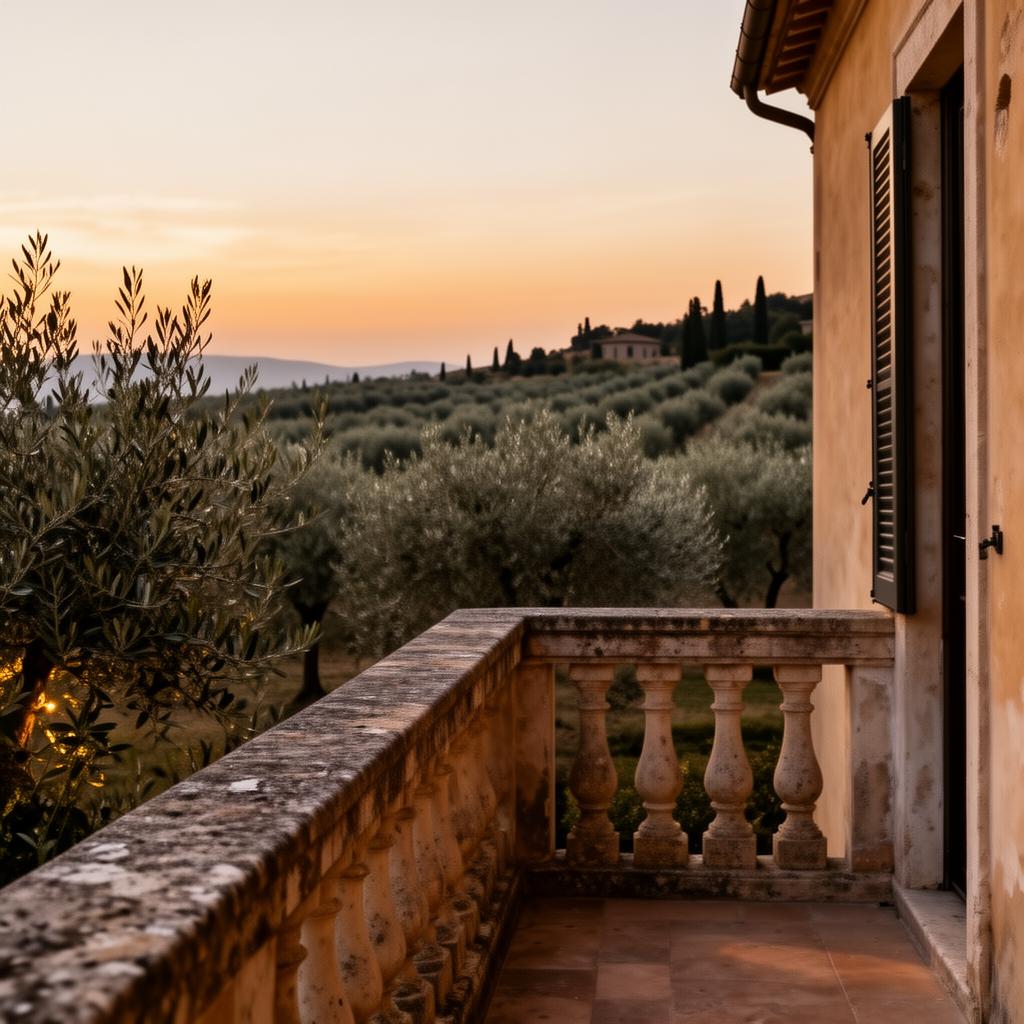 Italian stone balcony overlooking olive trees at dusk